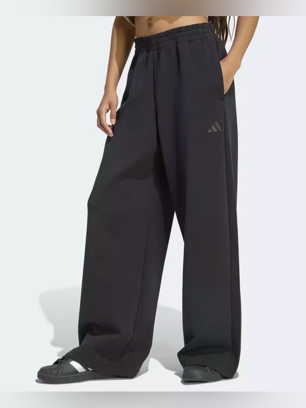 Adidas Women’s Wide Leg Straight Track Pants Embroidered Tonal Logo Black (L)